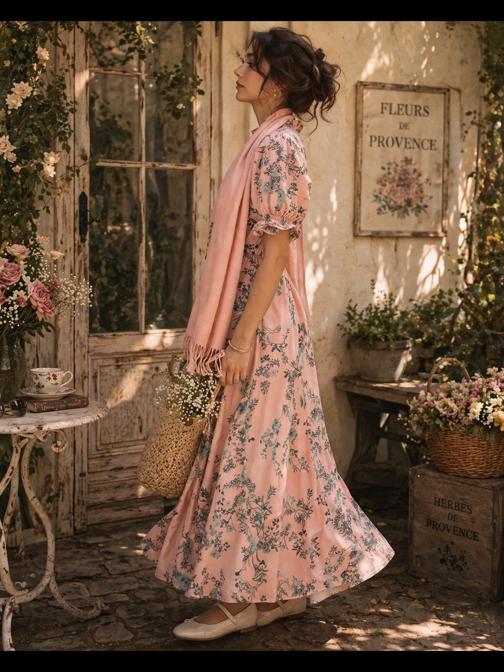 Romantic Cottagecore Floral Dress Size 6 Pink Botanical Midi Dress with Scarf